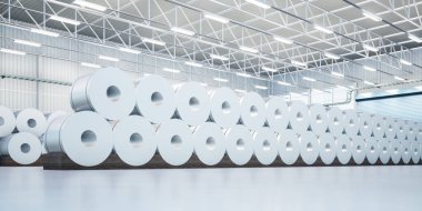 3D rulo çelik, paslanmaz çelik veya galvanize çelik bobin fabrika, depo veya depo binası. İnşaat için sıcak soğuk süreçten sanayi ürünü üretimi veya üretimi.