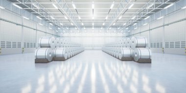 3D rulo çelik, paslanmaz çelik veya galvanize çelik bobin fabrika, depo veya depo binası. İnşaat için sıcak soğuk süreçten sanayi ürünü üretimi veya üretimi.