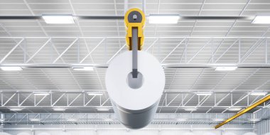 3D rulo çelik, paslanmaz veya galvanize çelik bobin fabrika veya depoda. Yukarıdaki vinç ve kancayı da dahil et. Üretim veya üretim sürecinde endüstriyel ürünü kaldırmak.