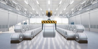 3D rulo çelik, paslanmaz veya galvanize çelik bobin fabrika veya depoda. Yukarıdaki vinç ve kancayı da dahil et. Üretim veya üretim sürecinde endüstriyel ürünü kaldırmak.
