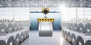 3D rulo çelik, paslanmaz veya galvanize çelik bobin fabrika veya depoda. Yukarıdaki vinç ve kancayı da dahil et. Üretim veya üretim sürecinde endüstriyel ürünü kaldırmak.