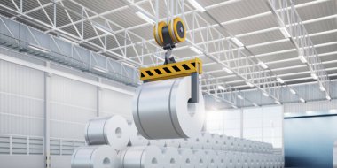 3D rulo çelik, paslanmaz veya galvanize çelik bobin fabrika veya depoda. Yukarıdaki vinç ve kancayı da dahil et. Üretim veya üretim sürecinde endüstriyel ürünü kaldırmak.