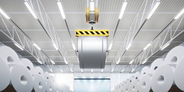 3D rulo çelik, paslanmaz veya galvanize çelik bobin fabrika veya depoda. Yukarıdaki vinç ve kancayı da dahil et. Üretim veya üretim sürecinde endüstriyel ürünü kaldırmak.