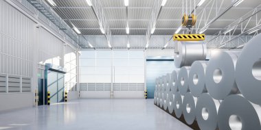 3D rulo çelik, paslanmaz veya galvanize çelik bobin fabrika veya depoda. Beton zemin, üstteki vinç dahil. Üretim ve üretim sürecindeki endüstriyel ürünü kaldırmak için.