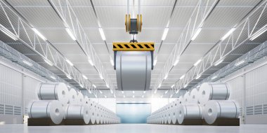 3D rulo çelik, paslanmaz veya galvanize çelik bobin fabrika veya depoda. Beton zemin, üstteki vinç dahil. Üretim ve üretim sürecindeki endüstriyel ürünü kaldırmak için.