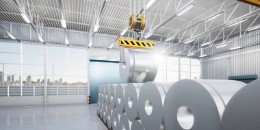 3D rulo çelik, paslanmaz veya galvanize çelik bobin fabrika veya depoda. Yukarıdaki vinç ve kancayı da dahil et. Üretim veya üretim sürecinde endüstriyel ürünü kaldırmak.