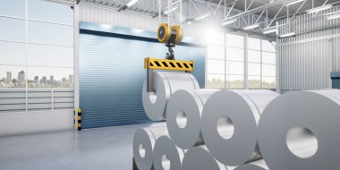 3D rulo çelik, paslanmaz veya galvanize çelik bobin fabrika veya depoda. Yukarıdaki vinç ve kancayı da dahil et. Üretim veya üretim sürecinde endüstriyel ürünü kaldırmak.