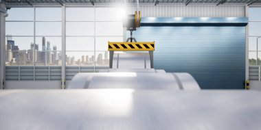 3D rulo çelik, paslanmaz veya galvanize çelik bobin fabrika veya depoda. Yukarıdaki vinç ve kancayı da dahil et. Üretim veya üretim sürecinde endüstriyel ürünü kaldırmak.