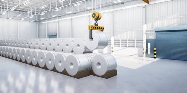 3D rulo çelik, paslanmaz veya galvanize çelik bobin fabrika veya depoda. Yukarıdaki vinç ve kancayı da dahil et. Üretim veya üretim sürecinde endüstriyel ürünü kaldırmak.
