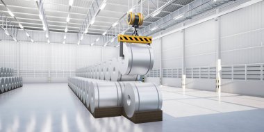 3D rulo çelik, paslanmaz veya galvanize çelik bobin fabrika veya depoda. Yukarıdaki vinç ve kancayı da dahil et. Üretim veya üretim sürecinde endüstriyel ürünü kaldırmak.