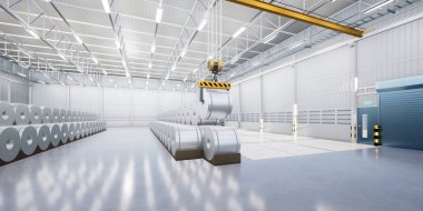 3D rulo çelik, paslanmaz veya galvanize çelik bobin fabrika veya depoda. Yukarıdaki vinç ve kancayı da dahil et. Üretim veya üretim sürecinde endüstriyel ürünü kaldırmak.