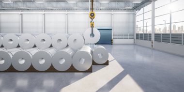 3D rulo çelik, paslanmaz veya galvanize çelik bobin fabrika veya depoda. Yukarıdaki vinç ve kancayı da dahil et. Üretim veya üretim sürecinde endüstriyel ürünü kaldırmak.