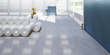 3D rulo çelik, paslanmaz veya galvanize çelik bobin fabrika veya depoda. Yukarıdaki vinç ve kancayı da dahil et. Üretim veya üretim sürecinde endüstriyel ürünü kaldırmak.