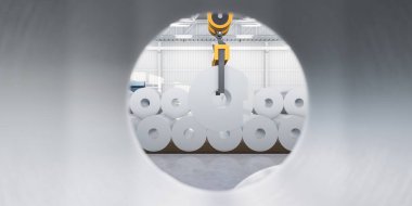 3D rulo çelik, paslanmaz veya galvanize çelik bobin fabrika veya depoda. Yukarıdaki vinç ve kancayı da dahil et. Üretim veya üretim sürecinde endüstriyel ürünü kaldırmak.