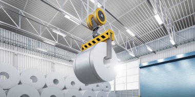 3D rulo çelik, paslanmaz veya galvanize çelik bobin fabrika veya depoda. Yukarıdaki vinç ve kancayı da dahil et. Üretim veya üretim sürecinde endüstriyel ürünü kaldırmak.