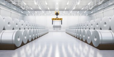 3D rulo çelik, paslanmaz veya galvanize çelik bobin fabrika veya depoda. Beton zemin, üstteki vinç dahil. Üretim ve üretim sürecindeki endüstriyel ürünü kaldırmak için.