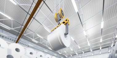 3D rulo çelik, paslanmaz veya galvanize çelik bobin fabrika veya depoda. Yukarıdaki vinç ve kancayı da dahil et. Üretim veya üretim sürecinde endüstriyel ürünü kaldırmak.