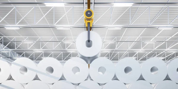 工場や倉庫内のロール鋼 ステンレスや亜鉛メッキ鋼コイルの3Dレンダリング 天井クレーン ホイストフックが含まれています 製造または製造工程における工業製品を持ち上げるため — ストック写真