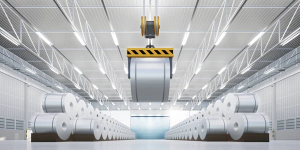 3D rulo çelik, paslanmaz veya galvanize çelik bobin fabrika veya depoda. Beton zemin, üstteki vinç dahil. Üretim ve üretim sürecindeki endüstriyel ürünü kaldırmak için.