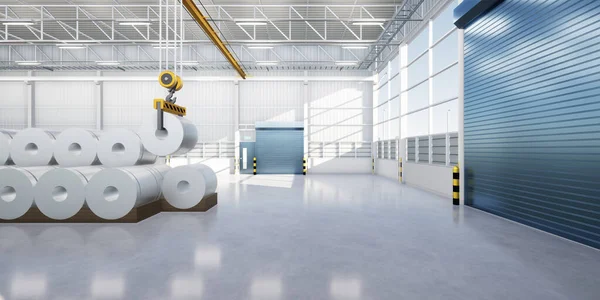 stock image 3d rendering of roll steel, stainless or galvanized steel coil inside factory or warehouse. Include concrete floor, overhead crane. To lift industrial product in manufacturing, production process.