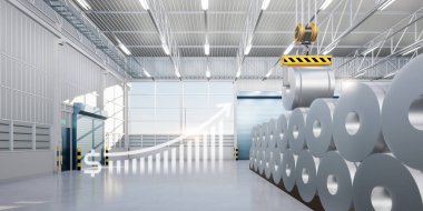 3D rulo çelik, paslanmaz veya galvanize çelik bobin fabrika, depo veya depo içinde. Yukarıdaki vinç dahil, çubuk grafiğini veya grafiğini büyüt. Büyüme karı, çelik fiyatı ve eğilim kavramı.
