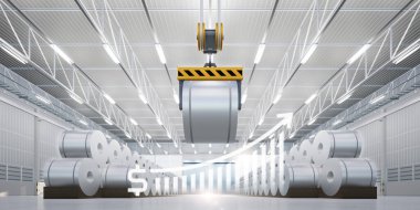 3D rulo çelik, paslanmaz veya galvanize çelik bobin fabrika, depo veya depo içinde. Yukarıdaki vinç dahil, çubuk grafiğini veya grafiğini büyüt. Büyüme karı, çelik fiyatı ve eğilim kavramı.