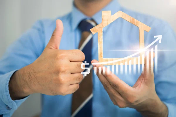 Businessman Salesman Hold Model Home House Include Increase Graph Chart — Stock Photo, Image