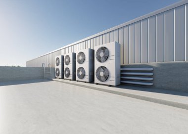3d rendering of condenser unit or compressor on rooftop of industrial plant, factory. Unit of ac or air conditioner, hvac or heating ventilation and air conditioning system. Motor, pump and fan inside