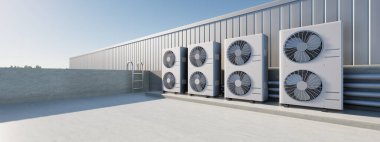 3d rendering of condenser unit or compressor on rooftop of industrial plant, factory. Unit of ac or air conditioner, hvac or heating ventilation and air conditioning system. Motor, pump and fan inside