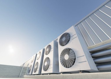 3d rendering of condenser unit or compressor on rooftop of industrial plant, factory. Unit of ac or air conditioner, hvac or heating ventilation and air conditioning system. Motor, pump and fan inside