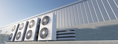 3d rendering of condenser unit or compressor on rooftop of industrial plant, factory. Unit of ac or air conditioner, hvac or heating ventilation and air conditioning system. Motor, pump and fan inside
