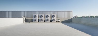 3d rendering of condenser unit or compressor on rooftop of industrial plant, factory. Unit of ac or air conditioner, hvac or heating ventilation and air conditioning system. Motor, pump and fan inside