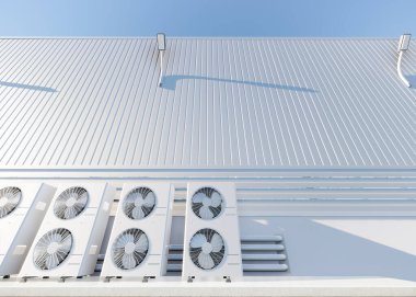 3d rendering of condenser unit or compressor outside factory plant. Unit of ac air conditioner, heating ventilation or hvac air conditioning system. Include fan, coil and pump inside for heat and cool clipart