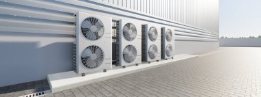3d rendering of condenser unit or compressor outside factory plant. Unit of ac air conditioner, heating ventilation or hvac air conditioning system. Include fan, coil and pump inside for heat and cool