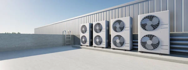 stock image 3d rendering of condenser unit or compressor on rooftop of industrial plant, factory. Unit of ac or air conditioner, hvac or heating ventilation and air conditioning system. Motor, pump and fan inside