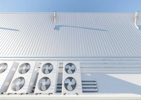 工厂外冷凝器或压缩机的三维渲染 暖气通风或暖气空调系统 包括风扇 线圈和泵内部的热和冷 — 图库照片