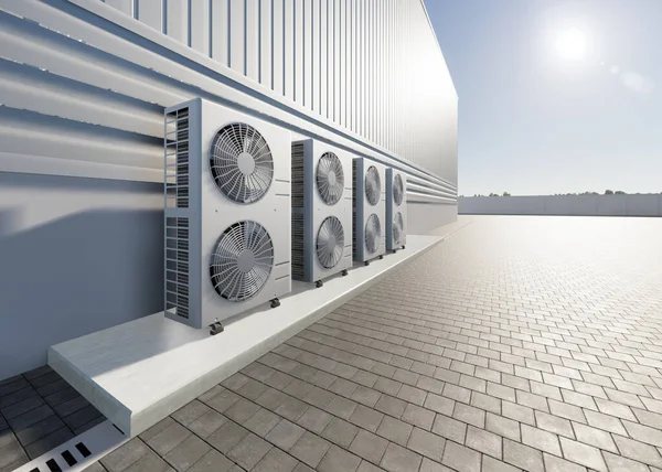 工場外のコンデンサユニットまたはコンプレッサーの3Dレンダリング エアコン 暖房換気または空調システムのユニット ファン コイル 熱と冷却のための内部ポンプを含む — ストック写真