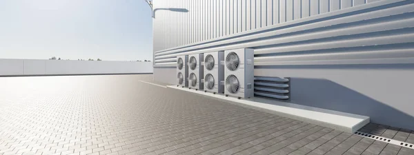 工厂外冷凝器或压缩机的三维渲染 暖气通风或暖气空调系统 包括风扇 线圈和泵内部的热和冷 — 图库照片