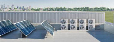 3d rendering of photovoltaic cell on solar panel, condenser unit or compressor on rooftop. Eco building with system technology for future. To generate electrical power or direct current electricity.