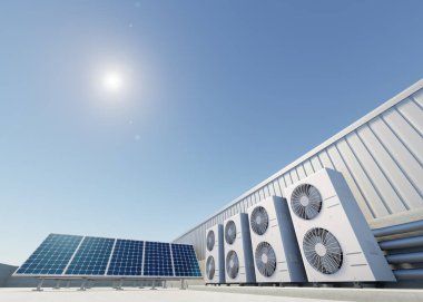 3d rendering of photovoltaic cell on solar panel, condenser unit or compressor on rooftop. Eco building with system technology for future. To generate electrical power or direct current electricity.