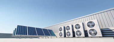 3d rendering of photovoltaic cell on solar panel, condenser unit or compressor on rooftop. Eco building with system technology for future. To generate electrical power or direct current electricity.