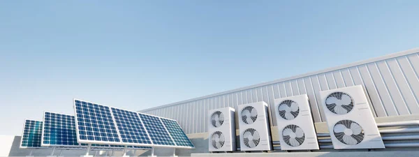 Rendering Photovoltaic Cell Solar Panel Condenser Unit Compressor Rooftop Eco — Fotografie, imagine de stoc