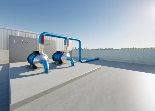 Rendering Water Pump Station Rooftop Water Tank Include Centrifugal Pump — 스톡 사진