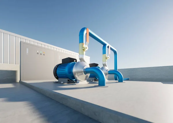 水泵站在水箱顶部的三维渲染 包括离心泵 电动机 阀门和电气控制箱 工业用水分配机 — 图库照片