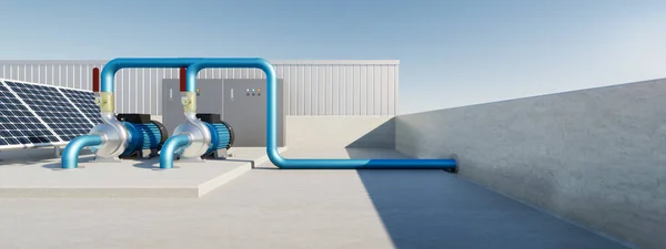 3d rendering of water pump station on rooftop factory. Include centrifugal pump, electric motor, pipeline, valve, solar panel and control box. Machine in industrial work for distribution, supply water