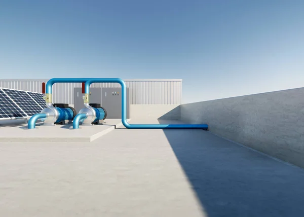 3d rendering of water pump station on rooftop factory. Include centrifugal pump, electric motor, pipeline, valve, solar panel and control box. Machine in industrial work for distribution, supply water