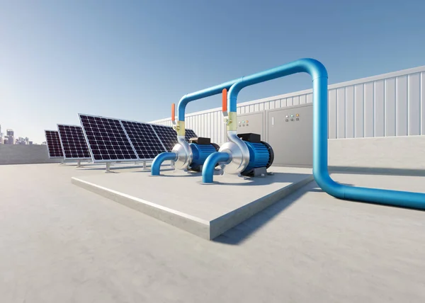 天台工厂水泵站的3D渲染 包括离心泵 电动机 太阳能电池板和控制盒 供水工业中的机器 — 图库照片