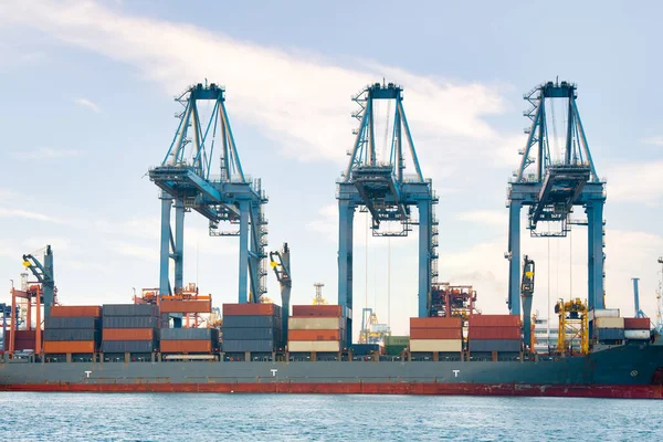 Cargo Ship Dock Port Harbor Loading Cargo Container Work Crane — Foto de Stock