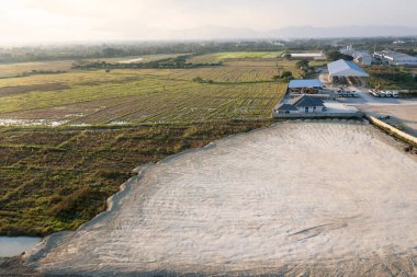 Land, field and soil backfill in aerial view. Include landscape, empty or vacant area. Real estate or property for plot, subdivision, development, construction, sale or buy in Chiang Mai of Thailand.