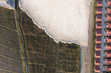 Land, field and soil backfill in aerial view. Include landscape, home house building, empty or vacant area. Real estate or property for development, construction, sale, buy in Chiang Mai of Thailand.